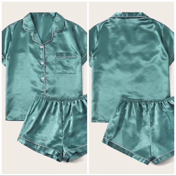 New Teal Satin Silk-Like Pajama Set - Picture 2 of 4